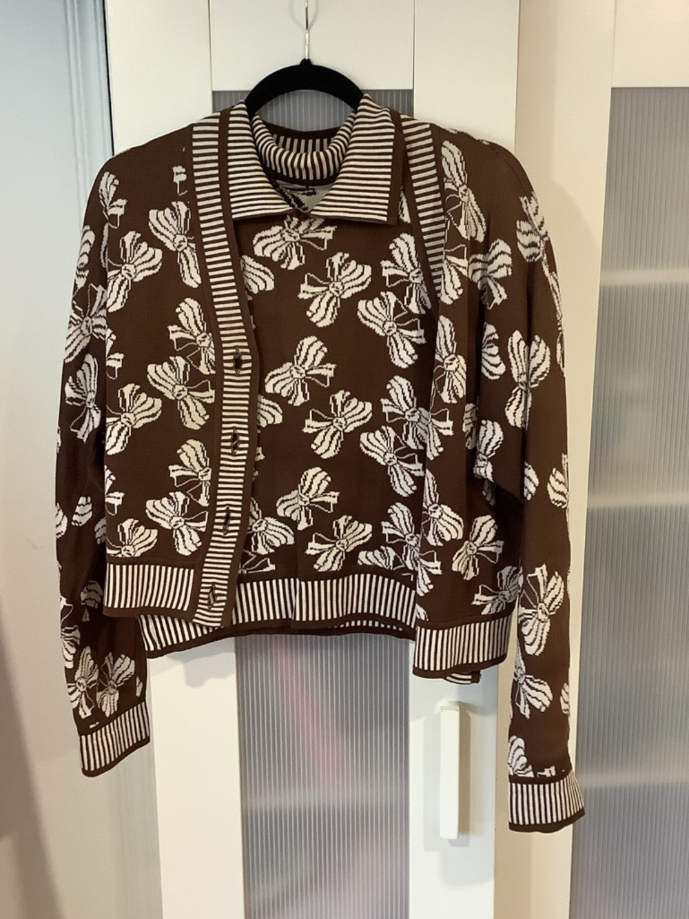 2 Piece Brown Bow Knit Jacket and Tee with Contrast Trim